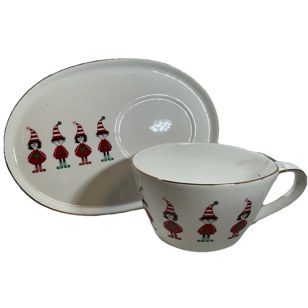 Ridgefield Home Christmas Elf Porcelain Snack Set Cup and Saucer White Gold